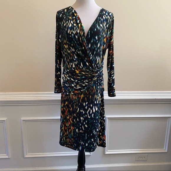 JOSIE NATORI Multicolor Long Sleeve Faux Wrap Dress Size L - Picture 1 of 9